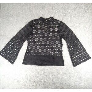 Honey & T Women’s Lace Sheer Blouse Size Large Cutout Flare Sleeve Boho Keyhole